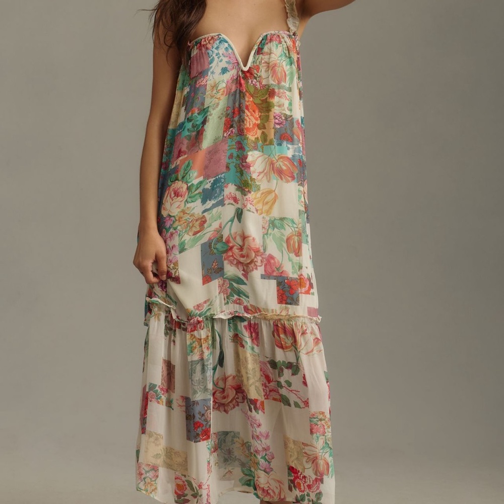 Anthropologie Floral Patchwork Maxi Dress in Cream, Pink, Green, Blue